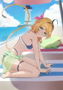 1girl absurdres ahoge barefoot beach bikini black_hair blonde_hair blue_bikini blue_sky breasts closed_mouth cloud dooby dooby_(summer) green_skirt hair_ornament hairpin highres indie_virtual_youtuber kippu_(dooby) lighthouse looking_at_viewer medium_breasts mouse_girl mouse_tail multicolored_hair outdoors poisonpotato101 sand short_hair sideboob skirt sky smile solo streaked_hair striped_bikini striped_clothes swimsuit tail thigh_strap virtual_youtuber white_hair