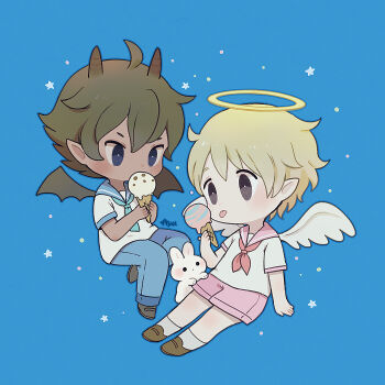 Rule 34 | 2boys, :p, angel, angel wings, ayu (mog), blonde hair, blue background, blue eyes, blue pants, blue sailor collar, brown eyes, brown hair, brown shoes, chibi, chibi only, closed mouth, commentary, commentary request, dark-skinned male, dark skin, demon boy, demon horns, demon wings, english commentary, food, full body, halo, holding, holding food, holding ice cream, horns, ice cream, male focus, mixed-language commentary, multiple boys, neckerchief, original, pants, pink sailor collar, pink shorts, pointy ears, red neckerchief, romaji commentary, sailor collar, shirt, shoes, short hair, short sleeves, shorts, signature, socks, tongue, tongue out, traditional halo, white shirt, white socks, white wings, wings