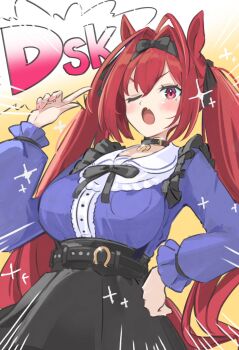 1girl animal_ears belt black_belt black_bow black_choker black_hairband black_skirt blue_shirt blush bow breasts choker commentary_request daiwa_scarlet_(umamusume) fang frills hair_between_eyes hair_bow hair_intakes hairband highres horse_ears horse_girl horse_tail horseshoe large_breasts long_hair long_sleeves looking_at_viewer one_eye_closed open_mouth red_eyes red_hair shirt skirt solo sparkle tail twintails umamusume very_long_hair yokoji_(kodai2015)