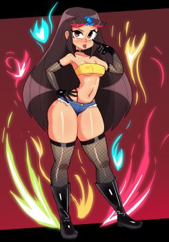 1girl angry black_boots black_gloves black_thighhighs blue_fire blue_gem blue_shorts blush boots breasts brown_eyes brown_hair choker collarbone covered_erect_nipples denim denim_shorts eyelid_pull fire fishnet_thighhighs fishnets forehead_jewel gem gloves hand_on_own_hip highleg highleg_panties knee_boots loli long_hair looking_at_viewer midriff multicolored_hair navel original panties panty_straps red_background red_fire red_hair red_panties rukisan(pixiv) shirt short_shorts shorts sidelocks small_breasts standing strapless streaked_hair thick_thighs thighhighs thighs tongue tongue_out tube_top underboob underwear yarumi_(rukisan) yellow_fire yellow_shirt