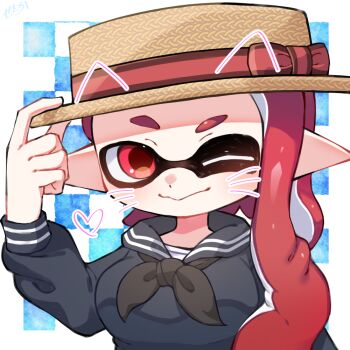 1girl amakusa_setoka ascot black_ascot black_sailor_collar black_serafuku blue_background boater_hat bow breasts checkered_background eyebrows facial_mark female_focus hat_tip heart inkling inkling_girl inkling_player_character long_hair looking_at_viewer matching_hair/eyes nintendo one_eye_closed pointy_ears red_bow red_eyes red_hair sailor_collar school_uniform serafuku single_sidelock small_breasts solo splatoon_(series) splatoon_3 tentacle_hair tentacles two-tone_background upper_body whisker_markings white_background wink