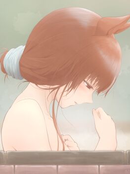 1girl animal_ears bare_shoulders breasts brown_hair collarbone commentary_request from_side hair_between_eyes hair_bun half-closed_eyes hand_up head_down highres horse_ears horse_girl mitsuno multicolored_hair red_eyes simple_background small_breasts still_in_love_(umamusume) streaked_hair umamusume upper_body white_streaks