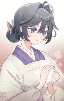 1girl absurdres ahoge apron butterfly_hair_ornament commentary_request ena1215 food grey_hair hair_between_eyes hair_ornament highres holding holding_food housewife japanese_clothes kappougi kimono kisara_(nijisanji) nape_braid nijisanji onigiri purple_eyes rice sidelocks simple_background smile solo steam upper_body virtual_youtuber