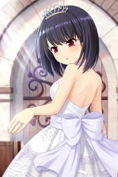 1girl alternative_girls bare_shoulders black_hair blush dress highres indoors jewelry official_art onitsuka_chiho parted_lips red_eyes ring short_hair tiara wedding_dress white_dress