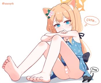 1girl alternate_costume animal animal_ear_fluff animal_ears arm_on_knee armpits artist_name baby_animal barefoot black_bow black_cat black_ribbon blue_archive blue_dress blue_eyes blunt_ends bow cat censored center-flap_bangs cleft_of_venus closed_mouth commentary_request cross cross_necklace crossed_arms double-parted_bangs dress dress_bow english_text feet floral_print floral_print_dress flower full_body hair_flower hair_ornament hair_ribbon halo heart heart_censor jewelry kitten knees_up loli looking_at_viewer mari_(blue_archive) multicolored_flower necklace no_panties orange_hair orange_halo print_dress pussy ribbon short_dress simple_background sitting sleeveless sleeveless_dress soles solo speech_bubble sseopik thought_bubble toenails toes upskirt variant_set white_background