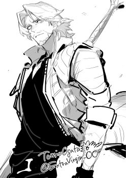 1boy beard_stubble belt black_gloves closed_mouth coat dante_(devil_may_cry) devil_may_cry_(series) devil_may_cry_5 facial_hair gloves greyscale highres jacket looking_at_viewer male_focus manly medium_hair monochrome muscular ogata_tomio pants pectorals rebellion_(sword) red_coat shirt simple_background solo standing stubble sword weapon white_background white_hair