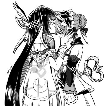 Rule 34 | 2girls, bare shoulders, bonnet, breasts, closed eyes, closed mouth, columbina (genshin impact), commentary, detached collar, detached sleeves, dress, english commentary, eye mask, genshin impact, gloves, hair ornament, hands on another's cheeks, hands on another's face, head wings, headdress, highres, kiss, kissing forehead, long hair, long sidelocks, long sleeves, mask, monochrome, multiple girls, multiple wings, ribbon, sandrone (genshin impact), see-through clothes, see-through mask, short hair with long locks, sidelocks, tears, trembling, ubergine, very long hair, winding key, wing hair ornament, wings, wrist bow, x-shaped eyewear