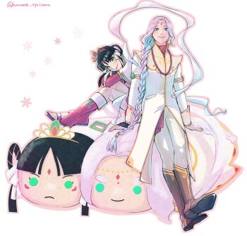 1boy 1girl ace_attorney armlet bindi black_hair boots braid braided_ponytail brown_boots character_doll doll earrings facial_mark full_body gold_armlet green_eyes hair_rings highres jewelry kuranne long_hair nahyuta_sahdmadhi open-toe_boots outline pants phoenix_wright:_ace_attorney_-_spirit_of_justice pink_boots pink_outline purple_hair rayfa_padma_khura'in ribbon robe sash sitting smile stuffed_toy thick_eyebrows tiara twitter_username very_long_hair white_background white_pants white_ribbon white_robe white_sash