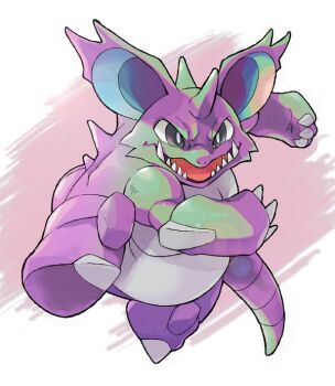 black_eyes bright_pupils claws full_body gen_1_pokemon hijirino_yuuta looking_at_viewer nidoking nintendo no_humans nostrils open_mouth pokemon pokemon_(creature) running sharp_teeth solo teeth white_pupils