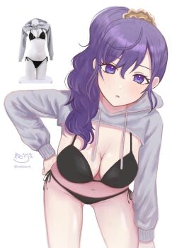 Rule 34 | 1girl, asahina mafuyu, bikini, black bikini, blush, breasts, cleavage, commentary, cowboy shot, drawstring, grey shrug, groin, hair between eyes, hair ornament, hair over shoulder, hair scrunchie, hand on own hip, high ponytail, highres, hood, hood down, hooded shrug, large breasts, leaning forward, long hair, long sleeves, looking at viewer, navel, nekoeve, parted lips, photo-referenced, photo inset, ponytail, project sekai, purple eyes, purple hair, reference inset, scrunchie, shrug (clothing), side-tie bikini bottom, sidelocks, signature, simple background, solo, stomach, string bikini, swimsuit, twitter username, untranslatable commentary, white background