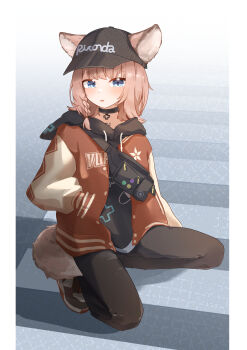 1girl 8_nana_usagi absurdres animal_ears arknights baseball_cap black_choker black_pants blue_eyes braid choker commentary ears_through_headwear fanny_pack fox_ears fox_girl fox_tail full_body hat highres hood hood_down jacket long_sleeves looking_at_viewer medium_hair open_mouth pants peaked_cap pink_hair puffy_long_sleeves puffy_sleeves red_jacket solo sussurro_(arknights) sussurro_(travel_freely)_(arknights) symbol-only_commentary tail