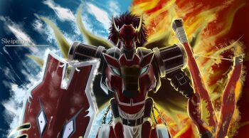 Rule 34 | armor, ballista, digimon, digimon (creature), highres, looking at viewer, royal knights, shield, sleipmon, solo