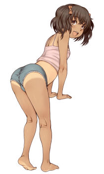 1girl anise_tatlin ass barefoot black_hair blue_panties bow breasts brown_bow brown_eyes crop_top dark-skinned_female dark_skin e10 feet female_focus from_behind full_body hair_bow kneepits loli looking_back open_mouth panties simple_background small_breasts solo tales_of_(series) tales_of_the_abyss tan tanline twintails underwear white_background