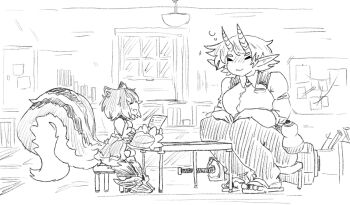 2girls :3 aka-oni_(monster_girl_encyclopedia) animal_ears bare_shoulders ceiling_light closed_eyes commentary desk detached_sleeves facing_another greyscale height_difference highres holding horns indoors interview large_tail latenight monochrome monster_girl monster_girl_encyclopedia multiple_girls nervous_smile oni oni_horns pointy_ears ratatoskr_(monster_girl_encyclopedia) sandals short_hair sitting smile squirrel_ears squirrel_tail stool tail weapon