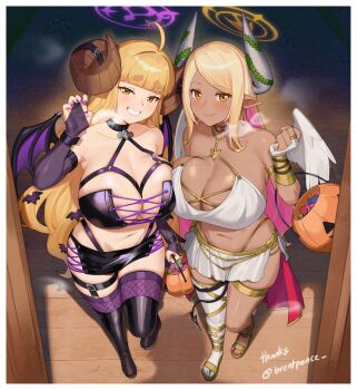 2girls ahoge alternate_costume anila_(granblue_fantasy) bare_shoulders blonde_hair blunt_bangs blush breasts choker cleavage collarbone colored_inner_hair curvy draph granblue_fantasy grin halloween halloween_costume halo heavy_breathing highres horns huge_breasts kumbhira_(granblue_fantasy) long_hair miniskirt multicolored_hair multiple_girls navel nuykkif orange_eyes pink_hair pointy_ears purple_nails red_nails sheep_horns skindentation skirt smile sweat thick_thighs thighhighs thighs very_long_hair