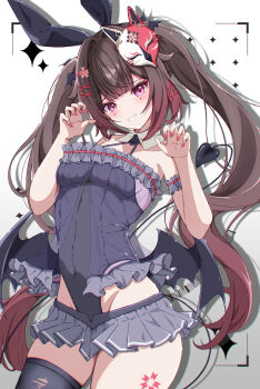 1girl absurdres alternate_costume animal_ear_hairband animal_ears black_leotard black_skirt black_thighhighs breasts brown_hair commentary_request covered_navel demon_wings fake_animal_ears fox_mask ghost_pose hairband hands_up highleg highleg_leotard highres honkai:_star_rail honkai_(series) isenooose leg_tattoo leotard looking_at_viewer mark_under_both_eyes mask mask_on_head medium_breasts microskirt purple_eyes rabbit_ear_hairband rabbit_ears shadow skirt solo sparkle_(honkai:_star_rail) tattoo thighhighs torn_clothes torn_thighhighs twintails white_background wings