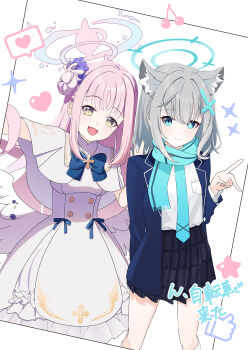 2girls absurdres angel_wings animal_ear_fluff animal_ears aqua_eyes aqua_halo aqua_scarf blue_archive blue_bow blush bow breasts buttons capelet closed_mouth clothes_lift commentary_request crescent cross_hair_ornament double-breasted dress gloves gold_trim green_gloves grey_hair hair_between_eyes hair_ornament halo high_heels highres long_hair long_sleeves looking_at_viewer low_wings medium_breasts mika_(blue_archive) mismatched_pupils multiple_girls open_mouth pink_hair pink_halo pumps sakurayuzuame scarf school_uniform scrunchie shiroko_(blue_archive) skirt skirt_lift smile solo very_long_hair white_capelet white_dress white_wings wing_ornament wings wolf_ears wolf_girl x_hair_ornament