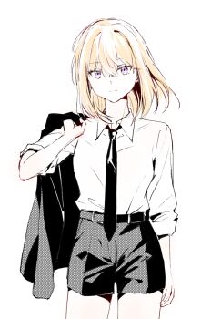 1girl bang_dream! bang_dream!_it&#039;s_mygo!!!!! ben-day_dots blonde_hair carrying_over_shoulder closed_mouth collared_shirt commentary_request expressionless highres holding holding_unworn_clothes looking_at_viewer medium_hair misumi_uika necktie partially_colored purple_eyes screentones sen_jin_chen shirt shirt_tucked_in shorts simple_background sleeves_rolled_up solo white_background