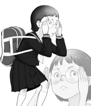 1girl adjusting_eyewear bag black_serafuku glasses greyscale highres long_sleeves monochrome neckerchief original pleated_skirt projected_inset riarutoruchokku round_eyewear sailor_collar school_uniform serafuku short_bangs short_hair skirt socks solo webp-to-png_conversion wide-eyed