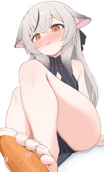 1girl absurdres animal_ears bare_legs barefoot black_dress blue_archive blush breasts carrot china_dress chinese_clothes clothing_cutout covered_collarbone d: diamond_cutout dress droopy_ears embarrassed furrowed_brow grey_hair highres jacket kokona_(blue_archive) legs loli long_hair multicolored_hair nicomi-chan open_mouth orange_eyes simple_background simulated_footjob small_breasts solo streaked_hair striped_clothes striped_dress striped_jacket sweatdrop thighs tiger_ears tiger_girl toenails toes vertical-striped_clothes vertical-striped_dress vertical-striped_jacket white_background