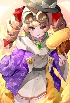 1girl absurdres amazaki_ria black_hat blush bow closed_mouth coat commentary_request dress earrings eyewear_on_head hat hat_bow highres jewelry looking_at_viewer orange_eyes orange_hair pendant purple_coat revision round_eyewear smile solo tongue tongue_out touhou white_dress yorigami_jo'on