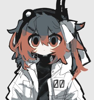 1girl a.i._voice adachi_rei black_shirt closed_mouth expressionless grey_background hair_between_eyes hair_ribbon headlamp headset highres hood hood_down hooded_jacket inm_6904 jacket light_frown long_hair long_sleeves looking_at_viewer medium_hair messy_hair open_clothes open_jacket orange_hair radio_antenna revision ribbon shirt simple_background solo straight-on thick_outlines turtleneck upper_body utau white_jacket white_ribbon