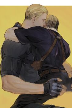 2boys ass bara belt black_gloves black_pants black_shirt brown_belt closed_eyes couple fingerless_gloves gloves hand_on_another's_ass highres hug jack_krauser leon_s._kennedy male_focus multiple_boys muscular muscular_male pants resident_evil resident_evil_4 resident_evil_4_(remake) shirt vetania yaoi