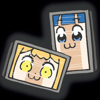 Rule 34 | 2girls, :3, bad id, bkub, black background, blonde hair, blue eyes, blue hair, blunt bangs, closed mouth, glowing, lowres, multiple girls, pipimi, poptepipic, popuko, simple background, wide-eyed, yellow eyes