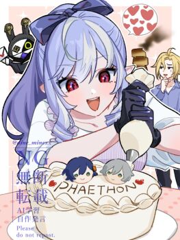 1boy 1girl 1other :d ahoge apron bangboo_(zenless_zone_zero) belle_(zenless_zone_zero) black_gloves black_pants blonde_hair border bow burnt_food cake collarbone drill_hair drill_sidelocks food gloves hair_between_eyes hair_bow hand_on_own_chin heart holding holding_letter holding_pastry_bag hugo_vlad letter long_hair looking_at_object mine_(myfoot916) mole mole_under_eye open_mouth pants pastry_bag pink_background plate pointy_ears purple_apron purple_bow purple_hair purple_shirt raised_eyebrow red_eyes robin_(zenless_zone_zero) shirt sidelocks sleeves_rolled_up smile smoke sparkle sparkle_print speech_bubble spoken_heart table tablecloth teeth twitter_username upper_body upper_teeth_only vivian_banshee white_border white_shirt wise_(zenless_zone_zero) zenless_zone_zero