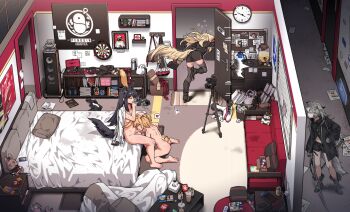 1futa 3girls absurdly_detailed_composition absurdres animal_ears arknights ass bag bean_bag_chair bed black_footwear black_hair black_jacket black_shorts black_skirt black_thighhighs blonde_hair boots bottle box bra breasts brown_bag bulletin_board camera can cardboard_box character_doll chest_of_drawers cigarette clock closed_eyes couch cushion dartboard doll door doorway dressing drinking_straw electrical_outlet elite_ii_(arknights) emperor_(arknights) erection exusiai_(arknights) fellatio fingerless_gloves futa_with_female futanari giovanna_rossati_(arknights) gloves grey_eyes grey_gloves grey_hair hair_ornament hairclip hallway hand_on_another's_head handbag heart high_heel_boots high_heels highres holding holding_sword holding_weapon jacket jacket_on_shoulders kataokasan kettle kneeling lappland_(arknights) loaded_interior long_hair material_growth medium_breasts mouth_hold multiple_girls navel nintendo_switch nintendo_switch_pro_controller oral oripathy_lesion_(arknights) peeking penguin_logistics_logo penis phonograph pink_bra pitcher_(container) pussy_juice rabbit_ears rabbit_girl rabbit_tail running scroll short_hair shorts sidelocks sitting skirt smoking snack sora_(arknights) sora_(elite_ii)_(arknights) speaker speech_bubble spoken_heart stuffed_animal stuffed_rabbit stuffed_toy sword tail texas_(arknights) thighhighs trash_can tripod twintails underwear unworn_bra vinyl_record wall_clock weapon white_jacket window window_blinds wire wolf_ears wolf_girl wolf_tail