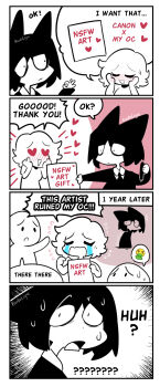 2girls 2others 4koma artist_name blush border comic crying emoji english_text flying_sweatdrops hair_ears hands_on_own_face heart heart-shaped_eyes highres holding kudoliya_art multiple_girls multiple_others nervous_sweating open_mouth original partially_colored speech_bubble streaming_tears sweat tears