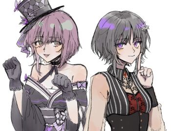 2girls :3 amoris_(bang_dream!) bang_dream! bang_dream!_it&#039;s_mygo!!!!! bare_shoulders black_dress black_gloves black_hair black_hat black_shirt breasts cleavage closed_mouth collared_shirt cosplay costume_switch crossover dress gloves hand_up hands_up hat highres housho_margo_(cosplay) housho_margo index_finger_raised long_sleeves looking_at_viewer ma_wo_zidong_fantan magical_girl mahou_shoujo_no_majo_saiban medium_breasts mini_hat mini_top_hat multiple_girls open_mouth paw_pose purple_eyes purple_hair shirt short_hair simple_background smile top_hat upper_body white_background yuutenji_nyamu yuutenji_nyamu_(cosplay)