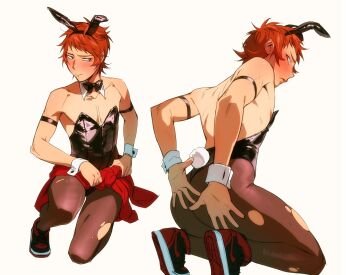 1boy absurdres alternate_costume animal_ears arm_strap ass black_pantyhose blush clothes_around_waist collarbone commentary commentary_request crossdressing crossdressing_(mtf) detached_collar embarrassed english_commentary fake_animal_ears full_body highres k-project kneeling male_focus male_playboy_bunny mastectomy_scar orange_hair pantyhose rabbit_ears rabbit_tail scar scar_on_chest shoe_soles shoes short_hair skinny solo tail torn_clothes torn_pantyhose treslech3s wrist_cuffs yata_misaki