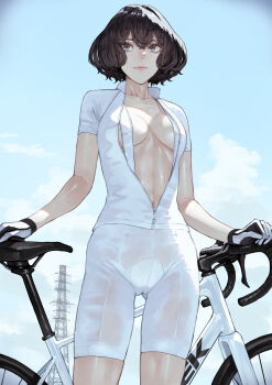 1girl bicycle bike_shorts blue_eyes bodysuit breasts brown_hair cameltoe cleavage gloves highres kaoming medium_breasts navel power_lines see-through_clothes shirt short_hair sky suspenders sweat white_bodysuit