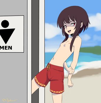 1girl beach blue_sky blurry blurry_background brown_hair cowboy_shot crossdressing crossdressing_(ftm) day drawstring female_focus female_pervert flat_chest highres kono_subarashii_sekai_ni_shukufuku_wo! maho_malice male_swimwear male_swimwear_challenge medium_hair megumin nipples ocean open_mouth outdoors pervert red_eyes red_male_swimwear red_swim_trunks sand sky solo source_request swim_trunks swimsuit teeth topfreedom topless_female