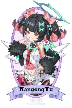Rule 34 | 1girl, bare shoulders, black choker, black hair, black sleeves, bow, breasts, chinese commentary, choker, clothing cutout, commentary request, detached sleeves, dress, grin, hair bow, halo, hand on own hip, hand to own mouth, highres, looking at viewer, mo xiaolan, nangong yu, navel, navel cutout, pink bow, pink hair, red eyes, red nails, smile, solo, twintails, white dress, white wings, wings, zenless zone zero