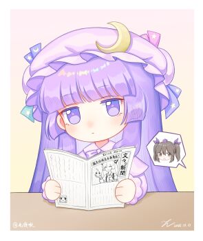 1girl absurdres artist_name border bow bowtie brown_eyes brown_hair bunbunmaru capelet chibi chibi_only chinese_commentary collared_shirt commentary_request crescent crescent_hat_ornament dated expressionless fujiwara_no_mokou hair_bow hat hat_ornament hat_ribbon highres himekaidou_hatate holding holding_newspaper jitome kanmarisa_(meme) kiri_(maoxianjiu) light_blush long_hair meme newspaper patchouli_knowledge pointy_ears purple_bow purple_bowtie purple_capelet purple_eyes purple_hair purple_hat purple_shirt reading ribbon shirt solo table tearing_up thumbs_up tokin_hat touhou translation_request white_border yellow_background