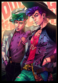 2boys absurdres andarix arm_on_another&#039;s_shoulder belt black_border black_pants blue_eyes border bracelet chain chain_necklace commentary crazy_diamond diamond_wa_kudakenai earrings english_commentary green_eyes green_hair hand_in_pocket hat headband higashikata_josuke highres jacket jewelry jojo_no_kimyou_na_bouken kishibe_rohan male_focus multiple_boys neck_tattoo necklace pants pectoral_cleavage pectorals pompadour purple_hair suit_jacket suspenders tattoo tilted_headwear white_jacket