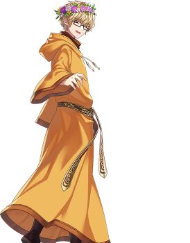 Rule 34 | 1boy, ankle boots, artist request, belt, black-framed eyewear, blonde hair, boots, brown belt, brown boots, closed eyes, drawstring, embroidered belt, embroidery, flower, foot out of frame, glasses, gold embroidery, happy, head wreath, hood, hood down, long sleeves, mabinogi, male focus, nexon, official art, open mouth, orange flower, orange hood, orange robe, orange sleeves, purple flower, robe, second-party source, short hair, simple background, solo, tarlach, tongue, transparent background, turtleneck, white flower, wide sleeves