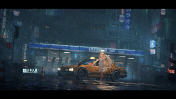 1girl 3d_background absurdres angel barefoot blonde_hair building car city cityscape coca-cola commentary_request convenience_store corded_phone crosswalk dress feathered_wings halo highres holding holding_phone lawson letterboxed long_hair motor_vehicle motorcycle night nissan nissan_skyline nissan_skyline_c10 original outdoors pepsi phone pointy_ears qi==qi reflection road scenery shop sleeveless sleeveless_dress solo spoiler_(automobile) standing taxi traditional_halo traffic_cone white_dress white_wings wide_shot wings yellow_car