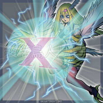 Rule 34 | 1girl, animal hands, artist name, bare shoulders, bird tail, blonde hair, breasts, claws, cleavage, commentary request, duel monster, electricity, feathered wings, feathers, garter straps, grey eyes, hair ornament, harpie girl (yu-gi-oh!), harpy, heart, heart hair ornament, long hair, monster girl, navel, open mouth, pink feathers, pink thighhighs, pink wings, pointy ears, rindou akira, saber reflection (yu-gi-oh!), solo, tail, talons, thighhighs, winged arms, wings, x (symbol), yu-gi-oh!