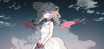 0w0mxm 1girl bare_shoulders belt_collar black_bow black_ribbon blunt_bangs blush bow bracelet braid chained_wrists choker closed_mouth cloud collar collarbone cowboy_shot demon_wings dress fang flower grey_hair hair_flower hair_ornament hair_ribbon hat hat_bow hat_flower highres jewelry key key_necklace light_smile long_hair looking_at_viewer low_twin_braids makaino_ririmu makaino_ririmu_(3rd_costume) multicolored_hair necklace night night_sky nijisanji pointy_ears red_collar red_eyes red_hair red_wings ribbon shade sidelocks skin_fang sky sleeveless sleeveless_dress solo star_(sky) straw_hat streaked_hair sundress sunflower sunflower_hair_ornament twin_braids virtual_youtuber white_dress wind wings