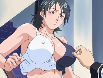 00s 1boy 1girl 2001 angry animated animated_gif bible_black bible_black_night_of_the_walpulgiss black_hair blush breasts breasts_squeezed_together brother_and_sister brown_eyes cleavage clenched_teeth closed_eyes collarbone covered_erect_nipples crop_top embarrassed flustered grabbing_another&#039;s_breast groping hetero large_breasts midriff minase_taki minase_yukiko navel nipple_stimulation nipple_tweak no_bra older_sister_and_younger_brother shirt short_hair siblings stairs tagme teeth two-tone_shirt upper_teeth_only white_shirt