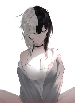 1girl absurdres black_hair breasts choker cleavage coat grey_coat grey_hair hair_ornament hairclip highres hololive hololive_english kurochanai large_breasts messy_hair multicolored_hair one_eye_closed shiori_novella shirt sitting spaghetti_strap split-color_hair two-tone_hair virtual_youtuber white_shirt yellow_eyes