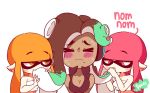 &gt;_&lt; 3girls animated bare_arms bare_shoulders black_gloves black_hair black_vest blush breasts breathing cephalopod_eyes cleavage collarbone collared_vest crop_top cropped_vest dark-skinned_female dark_skin diives fangs fingerless_gloves gloves green_eyes green_hair hand_on_own_cheek hand_on_own_face hands_up heavy_breathing highres ink licking long_hair marina_(splatoon) mole mole_under_mouth multicolored_hair multiple_girls nintendo octoling orange_eyes orange_hair pink_eyes pink_hair sexually_suggestive splatoon_(series) splatoon_2 suggestive_fluid sweat tentacle_hair unzipped vest video
