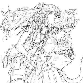 2girls animal_ears bamboo9545 bare_arms belt cat_ears cat_girl cat_tail commentary crop_top final_fantasy final_fantasy_xiv gloves greyscale highres holding_hands hume interlocked_fingers jacket kiss long_hair lyse_hext miqo&#039;te monochrome multiple_girls open_clothes open_jacket pleated_skirt ponytail short_hair shorts skirt tail y&#039;shtola_rhul yuri