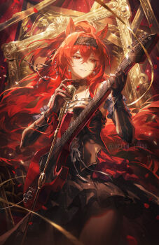 1girl animal_ears arknights black_dress black_hairband black_pantyhose breasts commentary crossed_bangs dress earrings english_commentary guitar hair_between_eyes hairband helen_zzhao highres holding holding_guitar holding_instrument holding_microphone horse_ears horse_girl instrument jewelry long_hair microphone narantuya_(arknights) pantyhose parted_lips ponytail red_eyes red_hair sidelocks smile solo