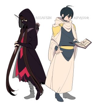 1boy 1girl absurdres ahoge alternate_costume alternate_universe arrow_(projectile) assassin black_eyes black_hair black_mask blunt_bangs book boots bow_(weapon) brown_hair danganronpa_(series) danganronpa_v3:_killing_harmony eyelashes fantasy full_body gloves hair_between_eyes harukawa_maki highres holding holding_book holding_knife hood hooded_coat knife long_hair long_sleeves lovepoints low_twintails mask mole mole_under_eye mouth_mask quiver robe saihara_shuichi short_hair simple_background standing tunic twintails very_long_hair weapon white_background white_robe