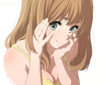 1girl bare_arms breasts brown_hair cleavage collarbone green_eyes hand_in_own_hair hands_on_own_face heart heart-shaped_pupils hibike!_euphonium large_breasts long_hair looking_at_viewer shirt smile solo spaghetti_strap symbol-shaped_pupils thick_eyebrows usagihop wavy_hair white_background yellow_shirt yoshikawa_yuuko