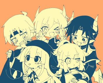 Rule 34 | > o, 2boys, 3girls, absurdres, ahoge, arle nadja, armor, blunt bangs, blush, blush stickers, breastplate, china dress, chinese clothes, clenched teeth, closed mouth, commentary, crossed arms, demon boy, demon horns, double v, draco centauros, dragon girl, dragon horns, dress, fang, fingerless gloves, gloves, hair between eyes, headband, highres, horns, korean commentary, limited palette, long hair, long sleeves, looking at another, multiple boys, multiple girls, offbeat, one eye closed, open mouth, orange background, pointy ears, ponytail, puyopuyo, satan (puyopuyo), schezo wegey, short hair, short ponytail, simple background, sleeveless, sleeveless dress, smile, teeth, tongue, tongue out, v, witch (puyopuyo)